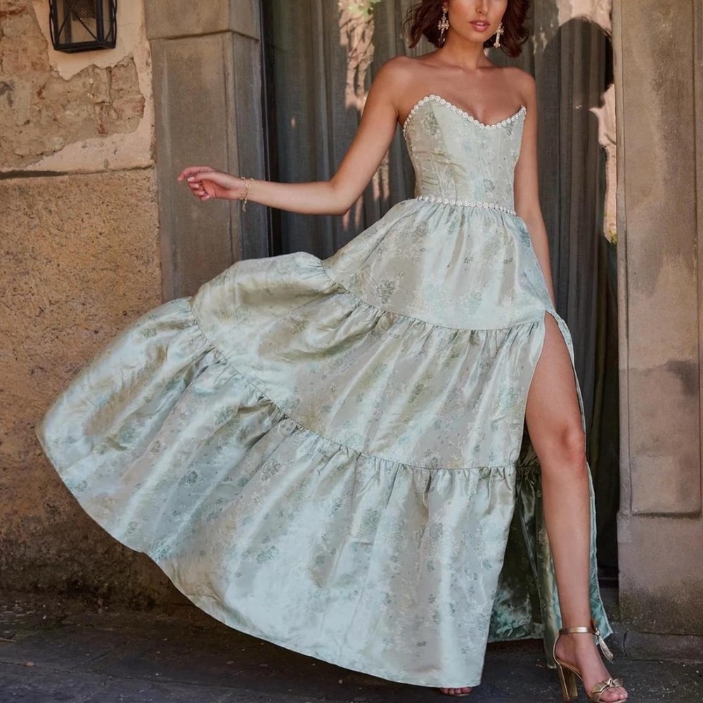 V. Chapman Sage Windsor Brocade floral gown
